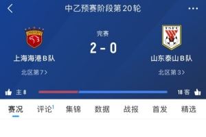 中乙第20轮:上海海港B队2-0山东泰山B队,张俊杰点射&廖重九破门